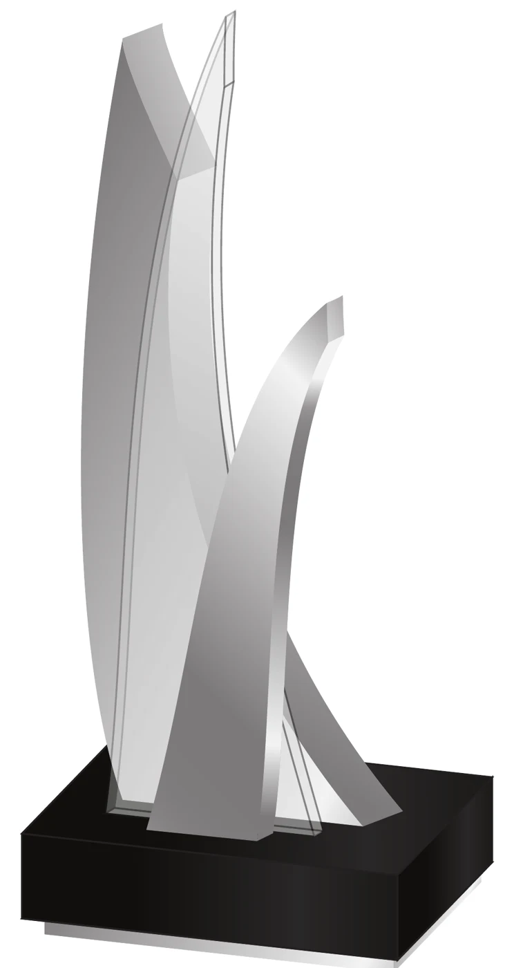 Society Awards concept: two tall curved metallic blades on a rectangular black base