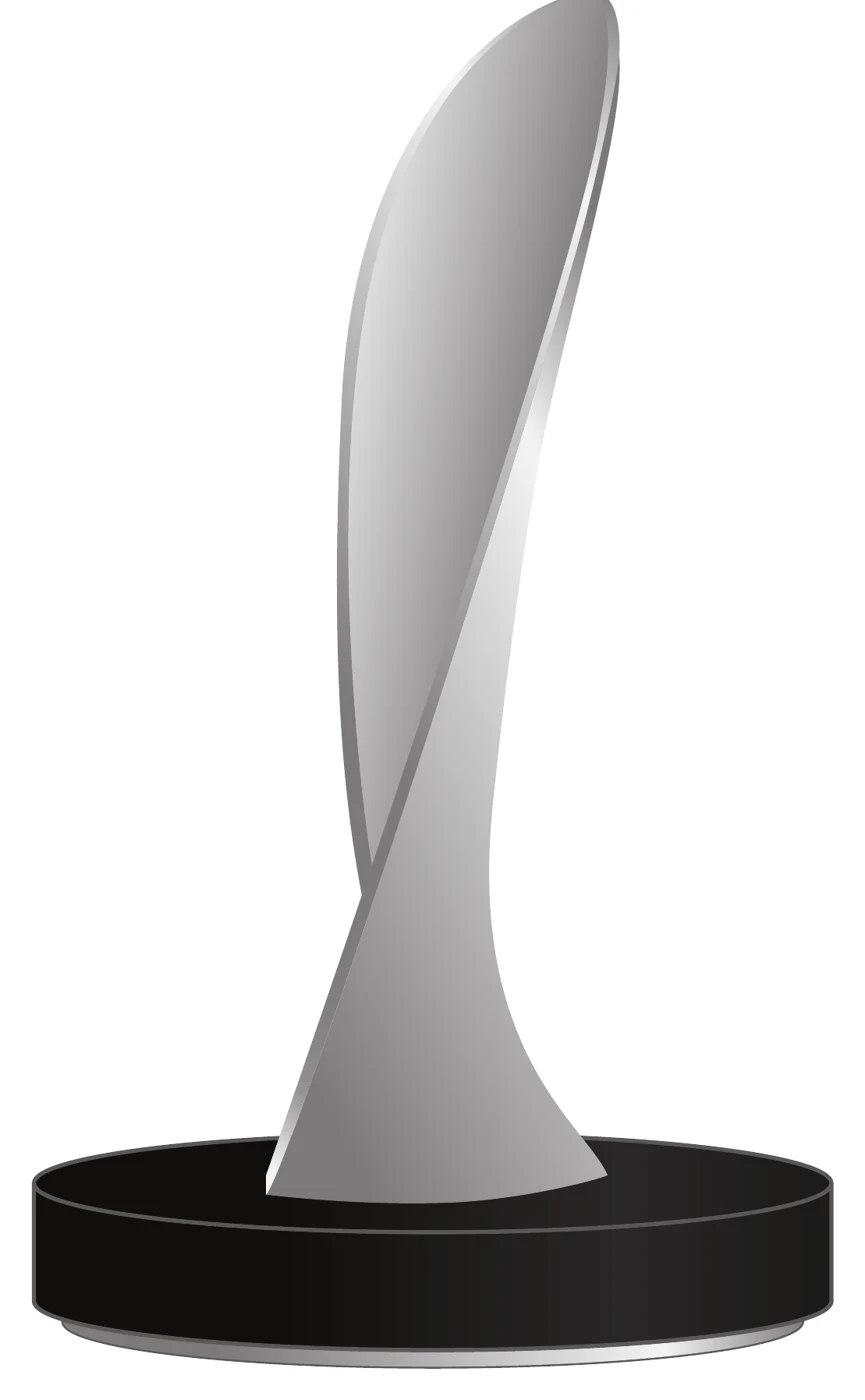 Society Awards concept: a single tapered silver leaf form rising from a round black base