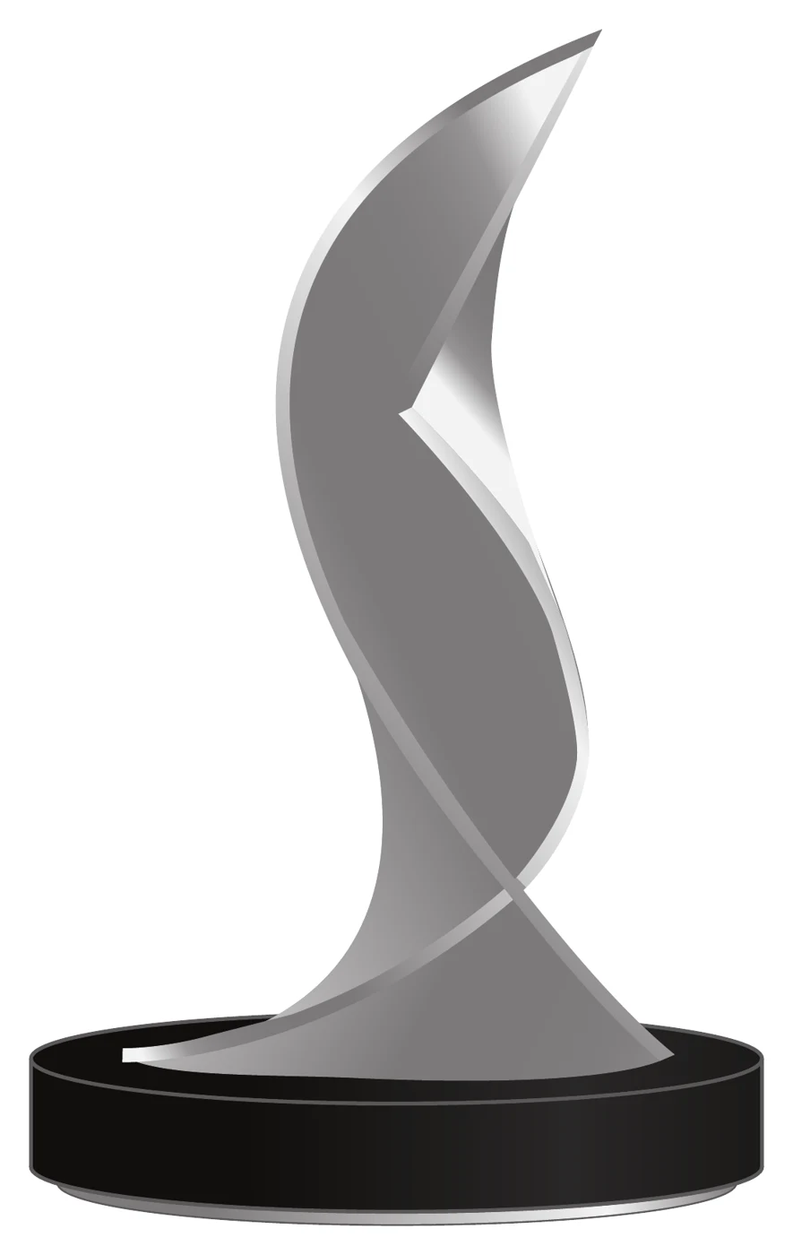 Society Awards concept: a twisting silver flame form rising from a round black base