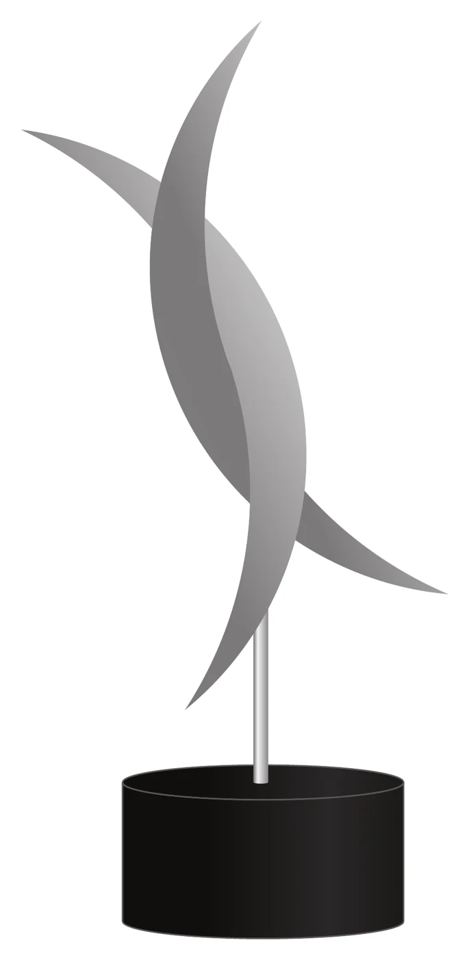 Society Awards concept: two crossed silver wing shapes on a slender stem above a black cylinder