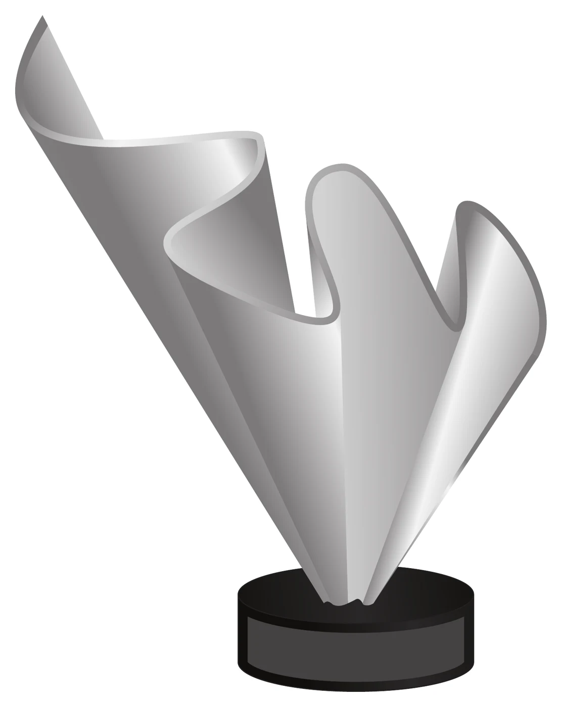 Society Awards concept: a silver ribbon folded into a wing-like burst on a round black base